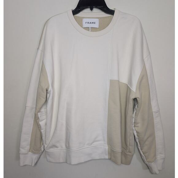 FRAME Patchwork French Cotton-Terry Crewneck Sweatshirt in Milk Beige Size Large - Picture 3 of 8